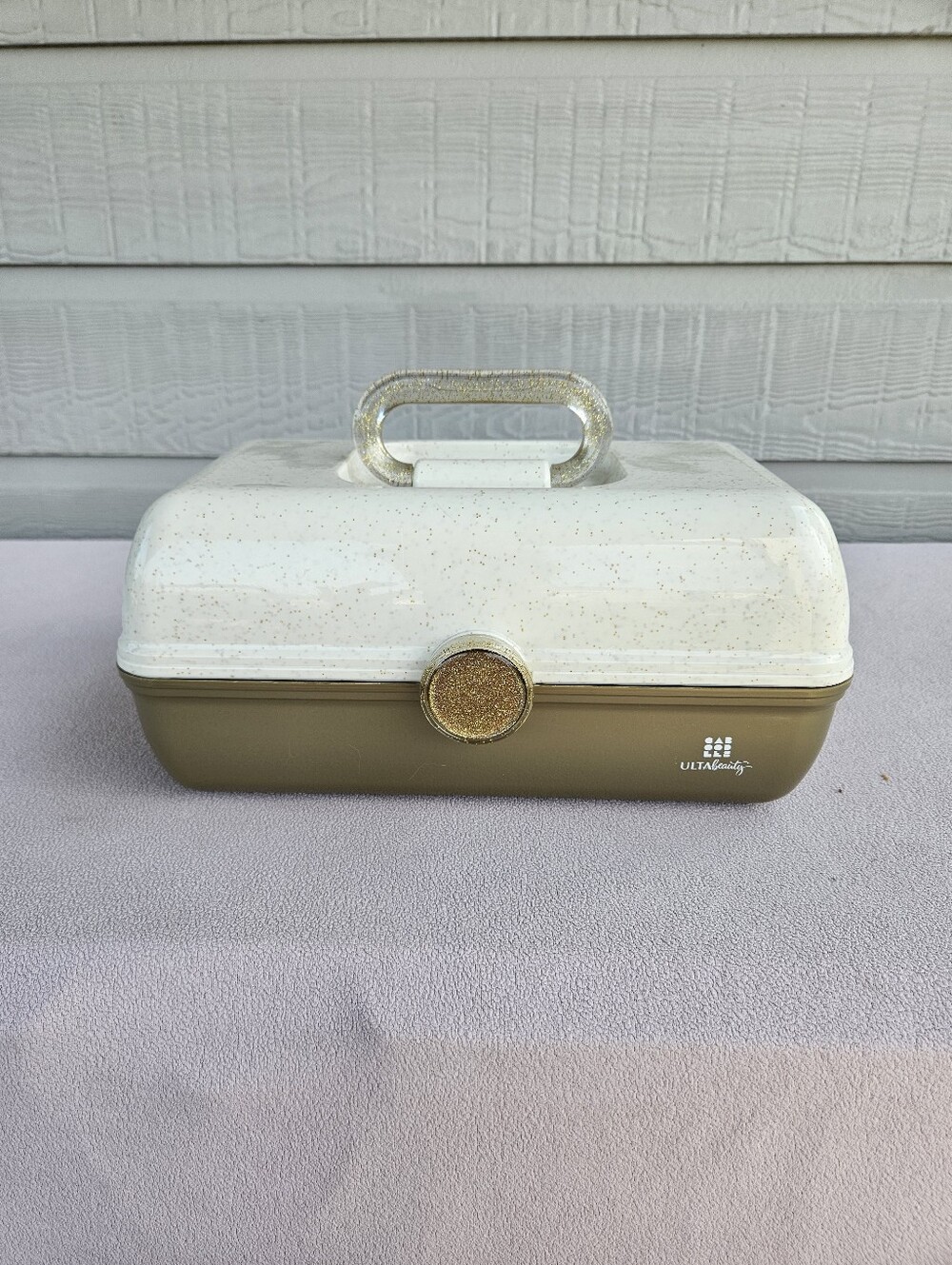 Caboodles Ulta Beauty Makeup Case Gold Cream Glitter 2 Tier Tray Mirror Storage